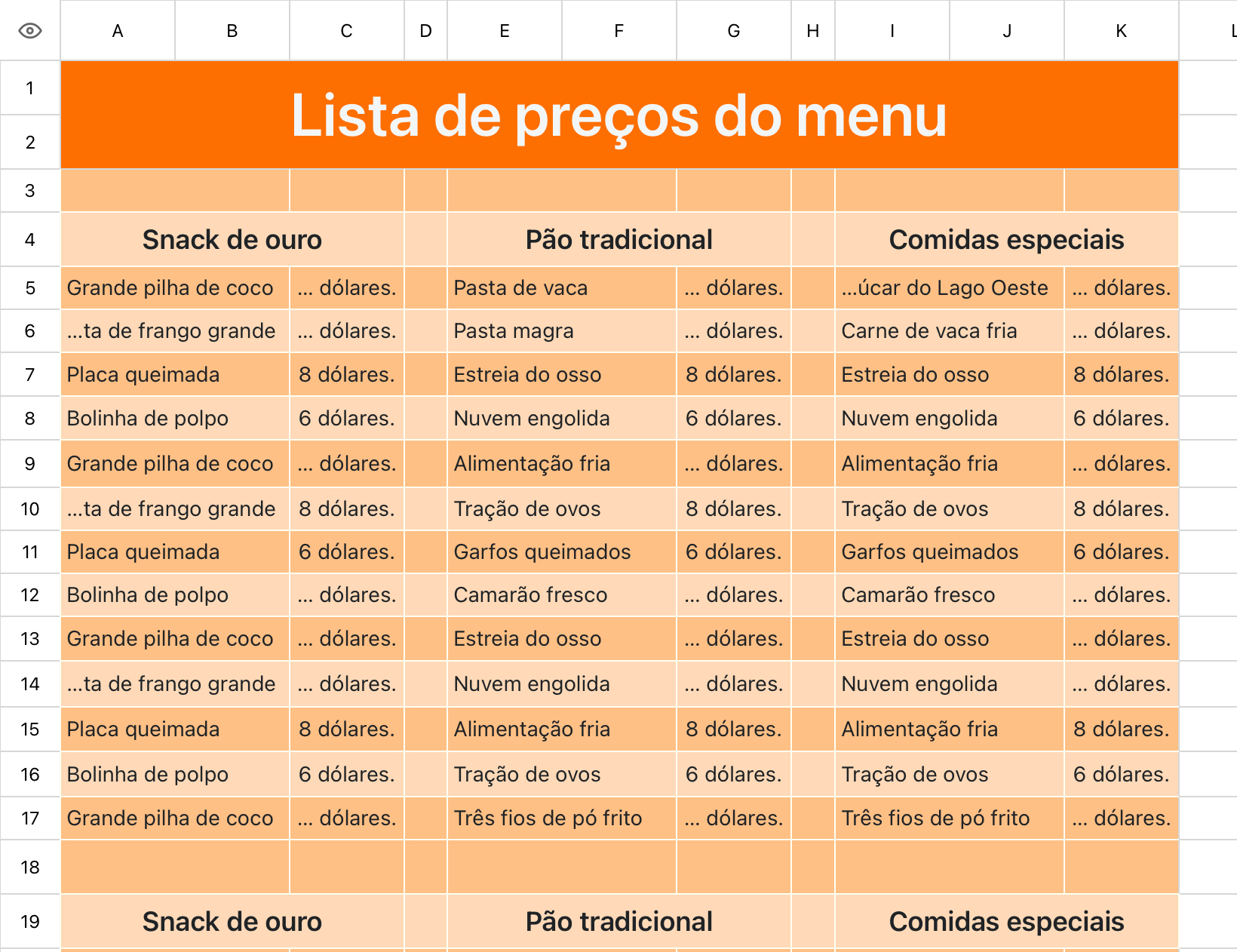 Lista de preços do menu gastronômico